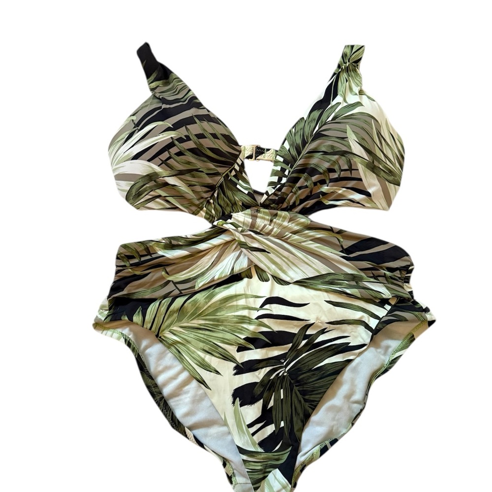 Bar III Green and Cream One Piece Swimsuit with Cut-Out Design